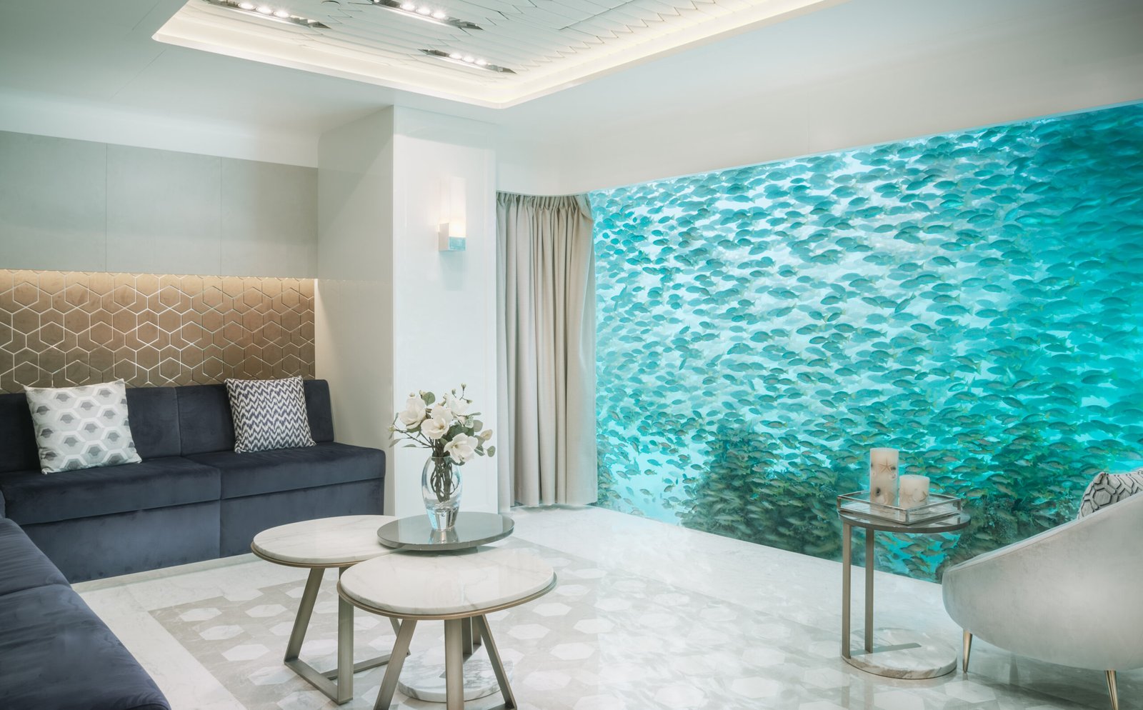 Floating Seahorse white living room with aquarium High Resolution photo